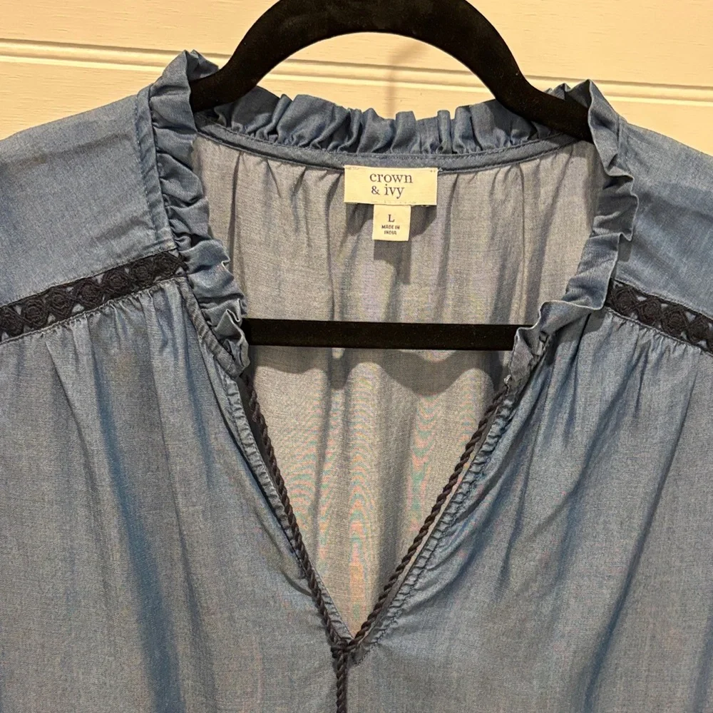 Crown & Ivy Chambray V-Neck Top with Ruffle Trim - Picture 2 of 5
